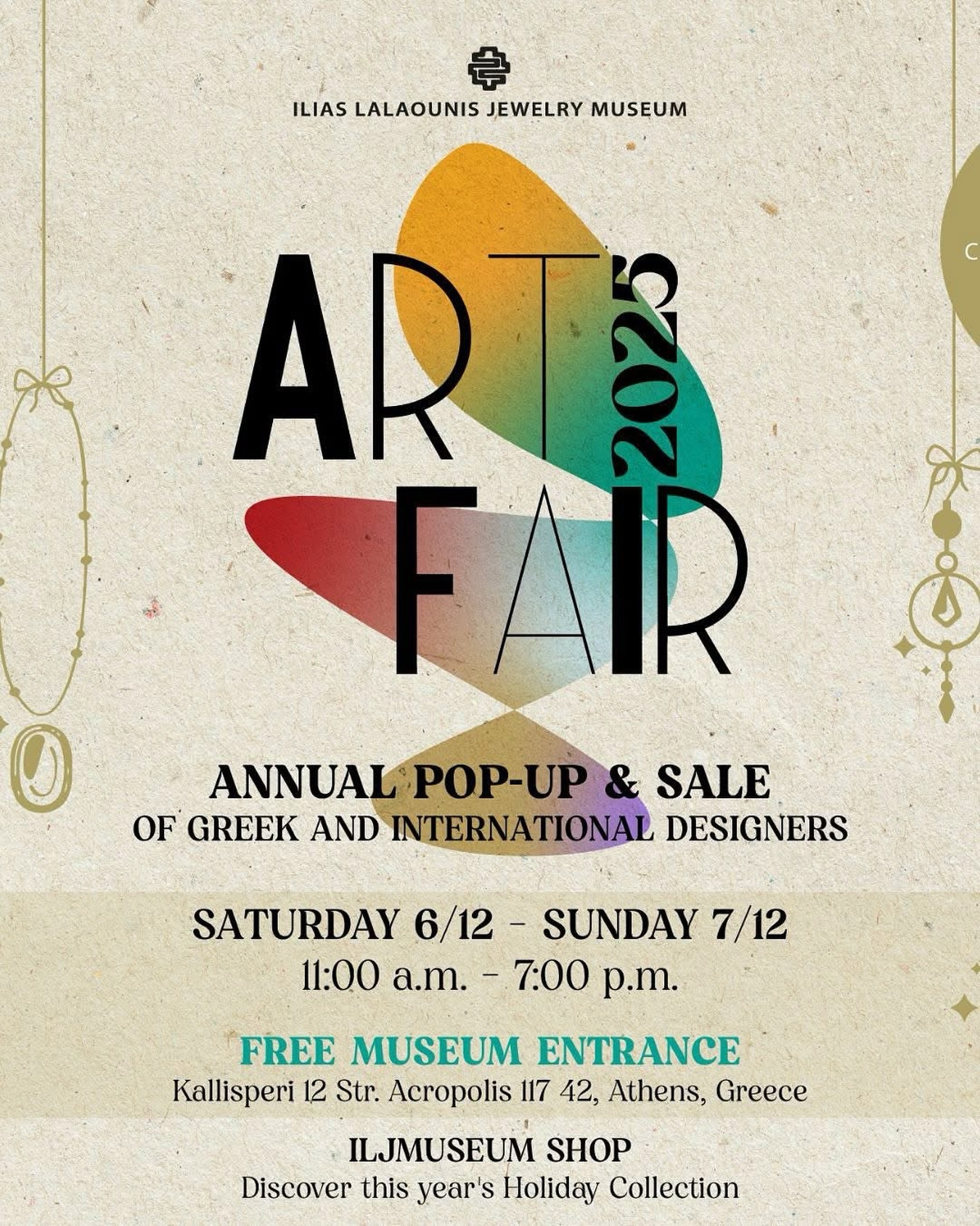 I am delighted to share that @Amarelia jewelry will be participating in the 31st Art Fair of the @ilias_lalaounis_jewelry_museum on December 6 & 7.

Join us for a festive weekend dedicated to Greek creativity and craftsmanship, hosted within the Museum’s beautiful exhibition halls.
I can’t wait to share our new designs with you. ✨